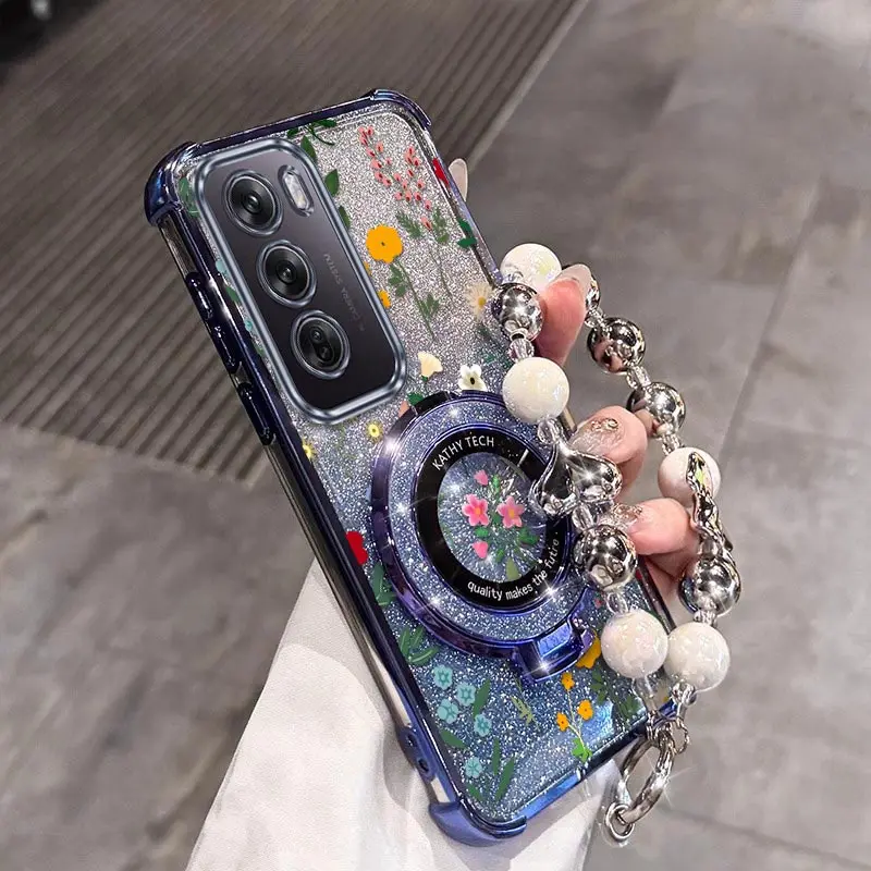 

Reno 12, чехол-держатель для браслета с блестящим цветочным покрытием для OPPO Reno 12F 12 14F 13 11Pro 13Pro 14Pro 13F 10 11F 9Pro, чехол