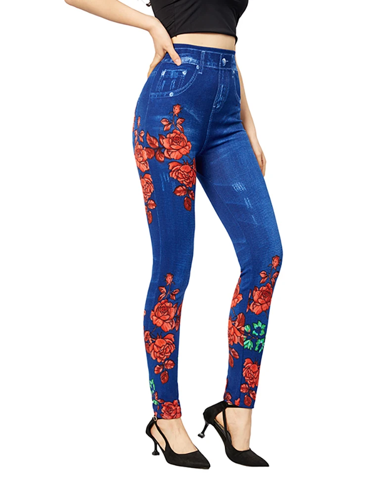 VISNXGI-pantalones de mezclilla falsos para mujer, Jeggings sexys con estampado Floral en la parte delantera y trasera, pantalones vaqueros de