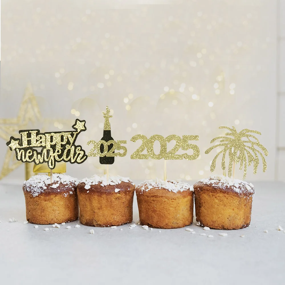 12/24pcs 2025 Happy New Year Cake Topper Glitter Gold New Year Cake Decoration New Year\'s Eve New Year Family Party Cake Decor