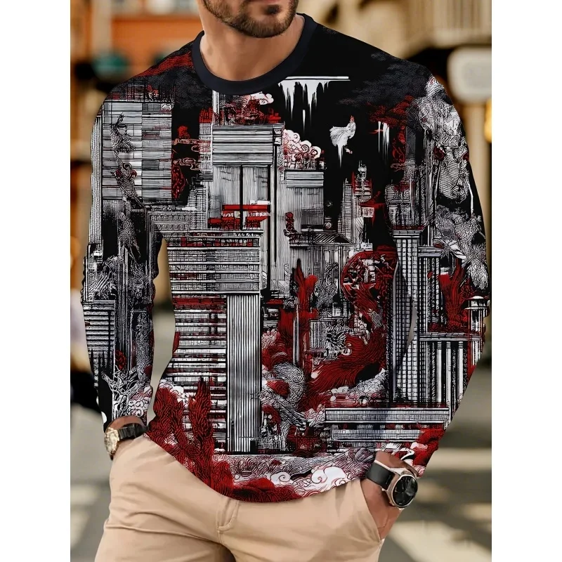 3D Printed Alphabet Puzzle T Shirt For Men Abstract Colorful Pattern Tees Autumn Casual Long Sleeves O-Neck Tops Loose T-Shirts