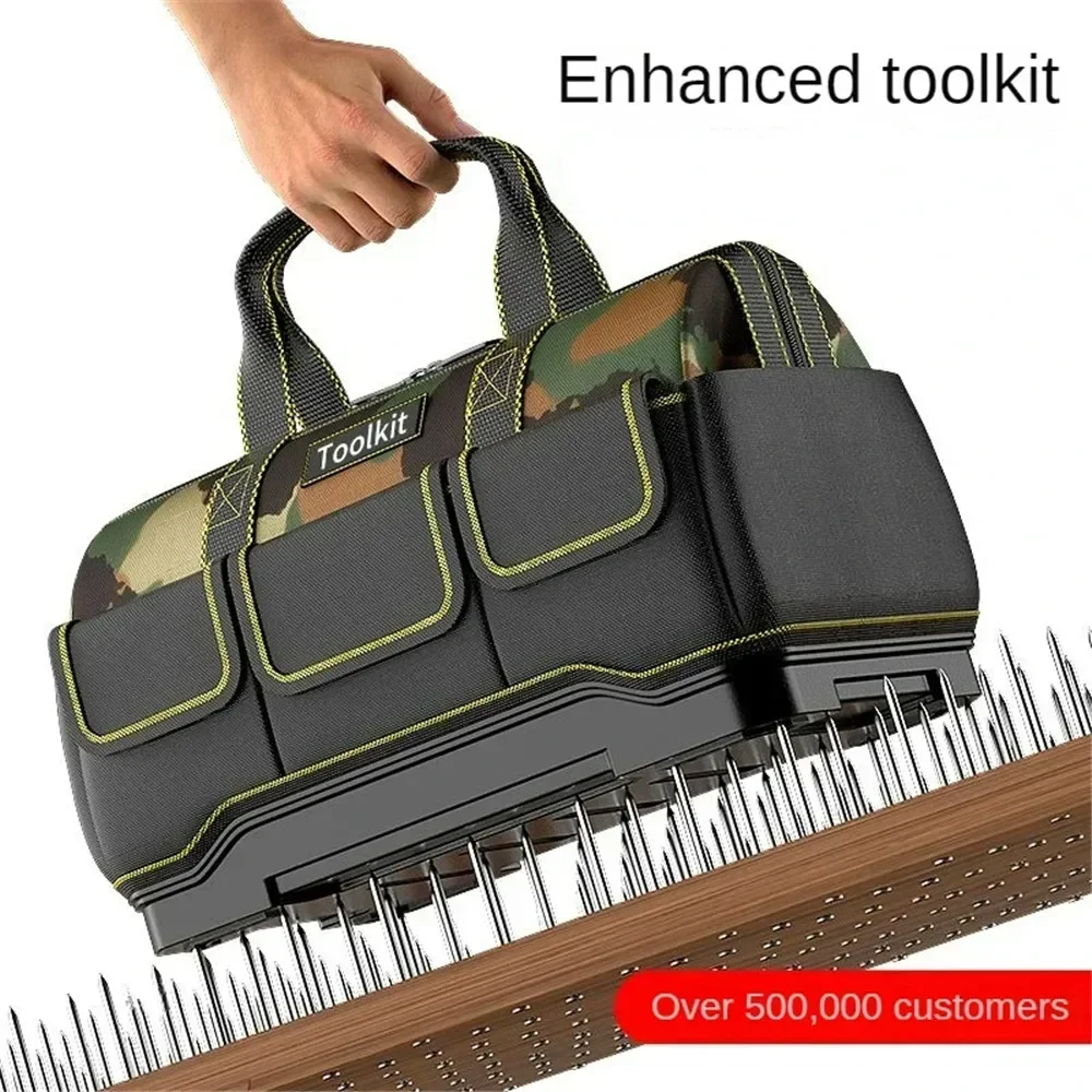 Ferramenta camuflagem eletricista saco com fundo plástico, ferramenta forte armazenamento Toolkit, vários bolsos, impermeável, resistente ao desgaste