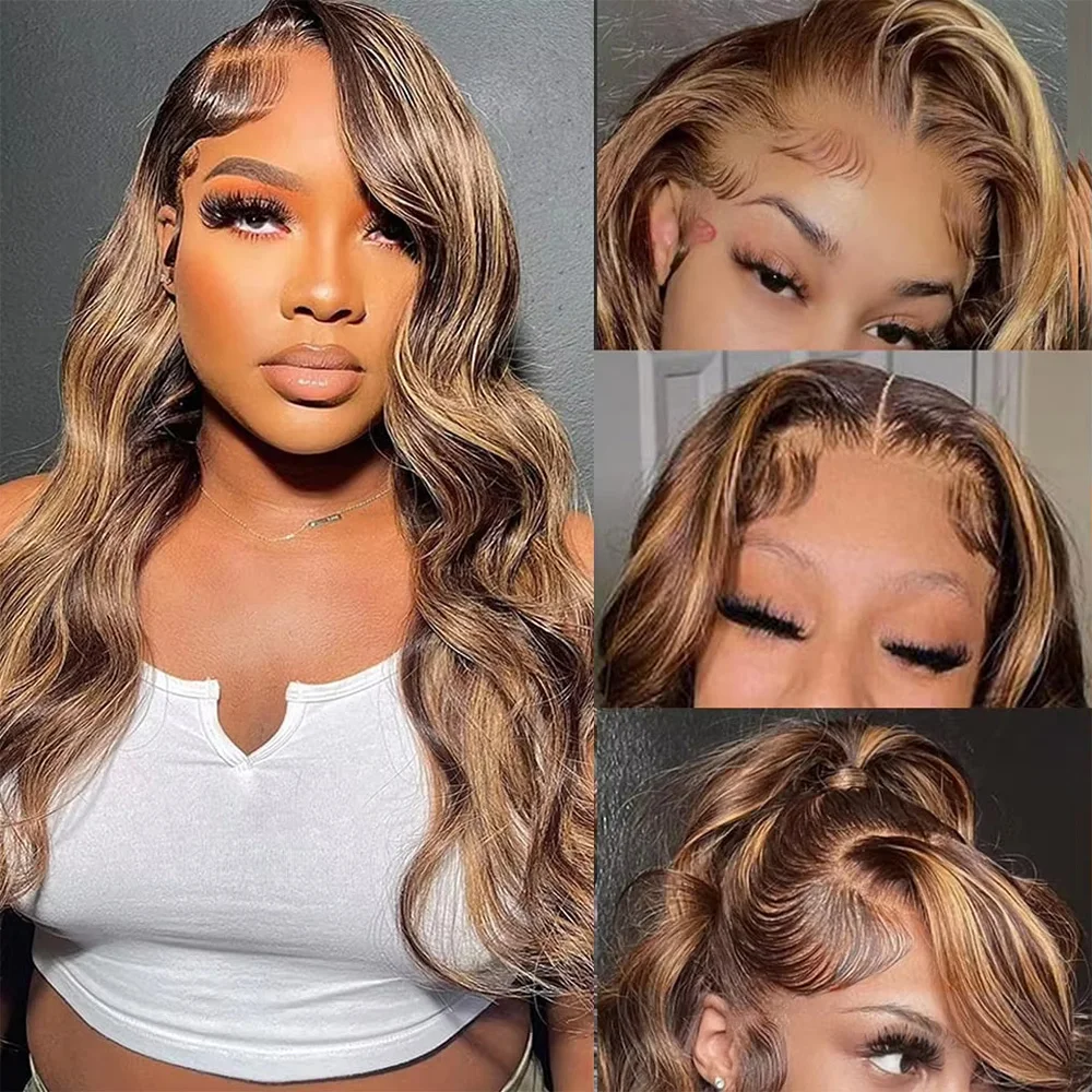 200% الكثافة الجسم موجة 13x6 HD الدانتيل الباروكة الأمامية 4/27 تسليط الضوء على العسل شقراء الدانتيل الجبهة 100% خصلات الشعر المستعار الإنسان للنساء قبل قطعها