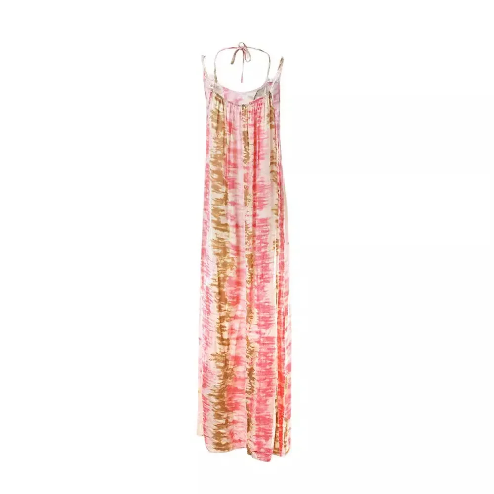 Damska Sukienka na Ramiączkach z Koronkowymi Wstawkami, Wzorem Tie-Dye, Codzienna Sukienka Wakacyjna Bez Rękawów, z Wysokim Stanem i Długością do Kostek