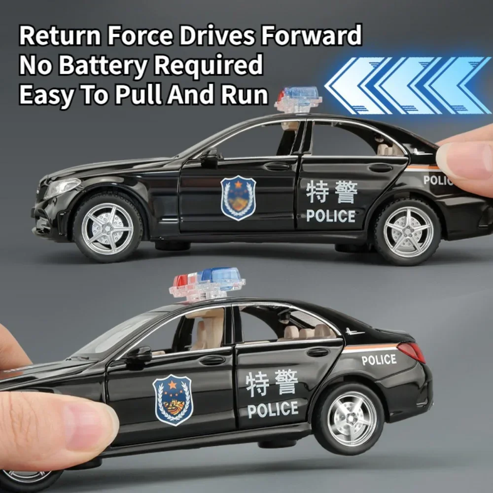 Metal Diecast Police Car Model Toy para crianças, simulação de liga, som e luz, puxar o veículo, modelos de carros, decoração, 1:32, C260