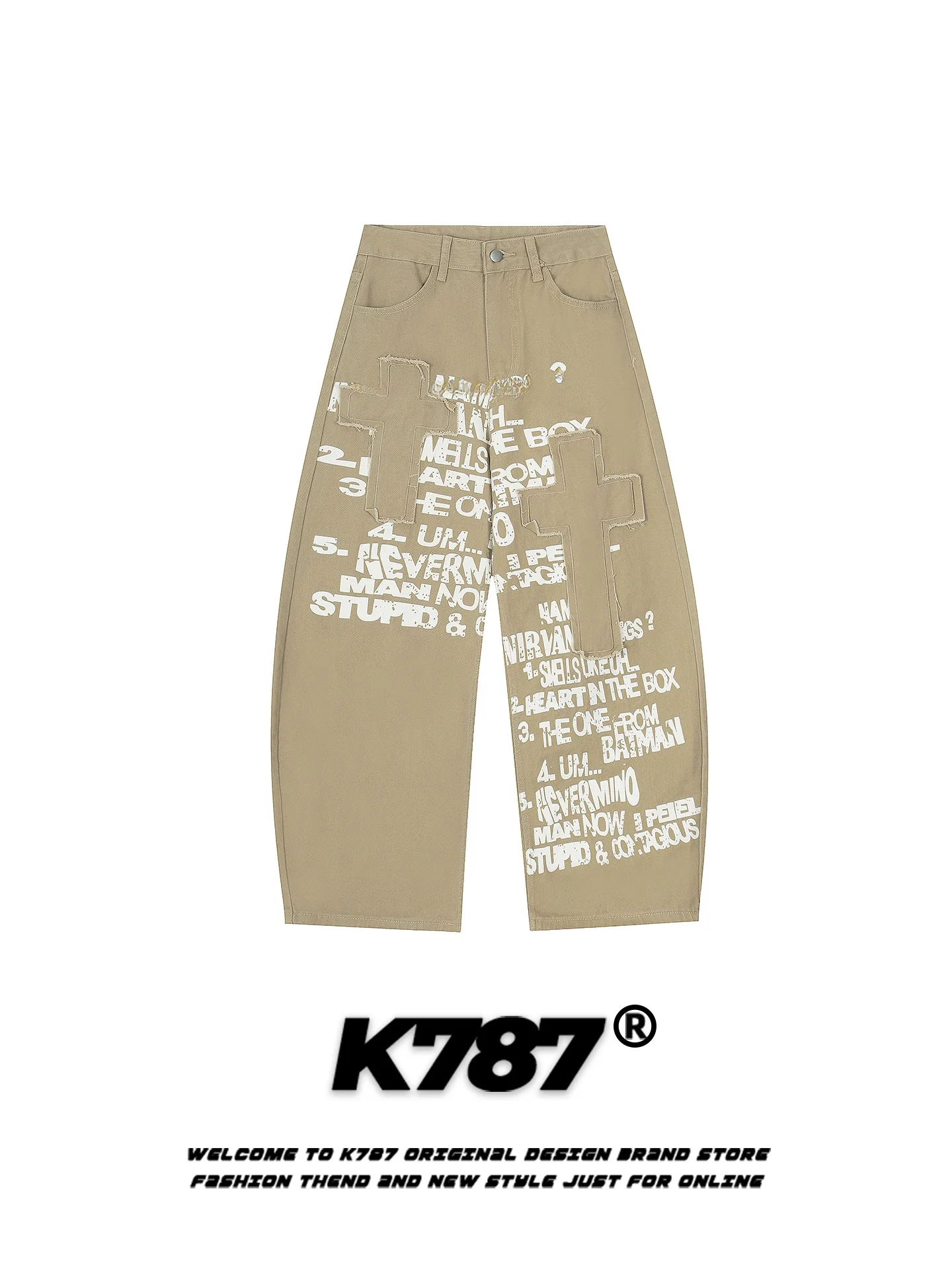 

K787 American Retro Cross Stitched Casual Pants Loose High Waist Wide Leg Knife Pants Men's Patchwork Casual Trousers