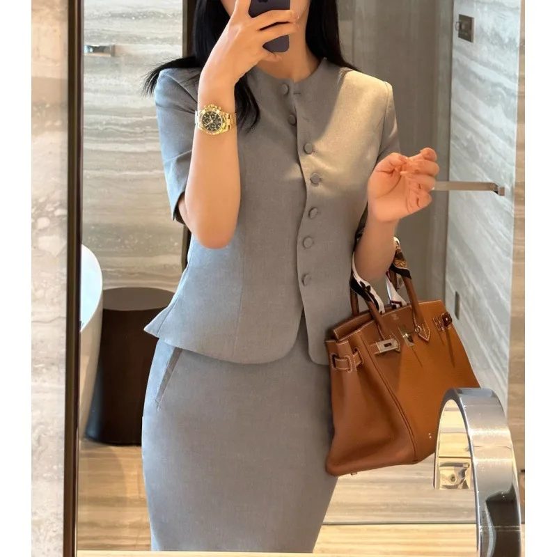 Gao grade sense 2025 nuova estate nuovo temperamento blazer grigio slim e sottile a maniche corte un set completo per le donne y2k