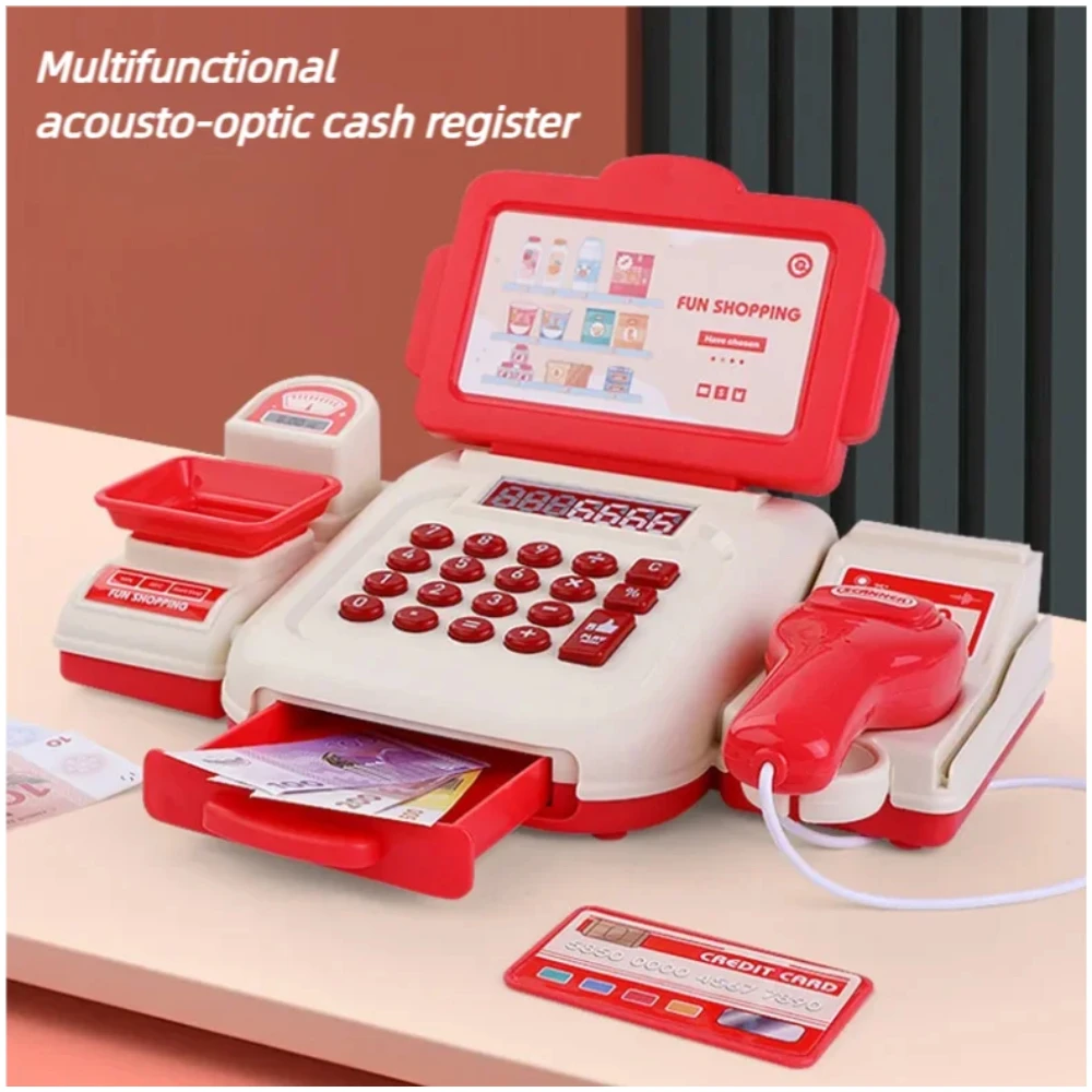 WizKidz Kids Cash Register Pretend Play Supermarket Shop Toys with Calculator Working Scanner Play Food Money & Credit Card Set