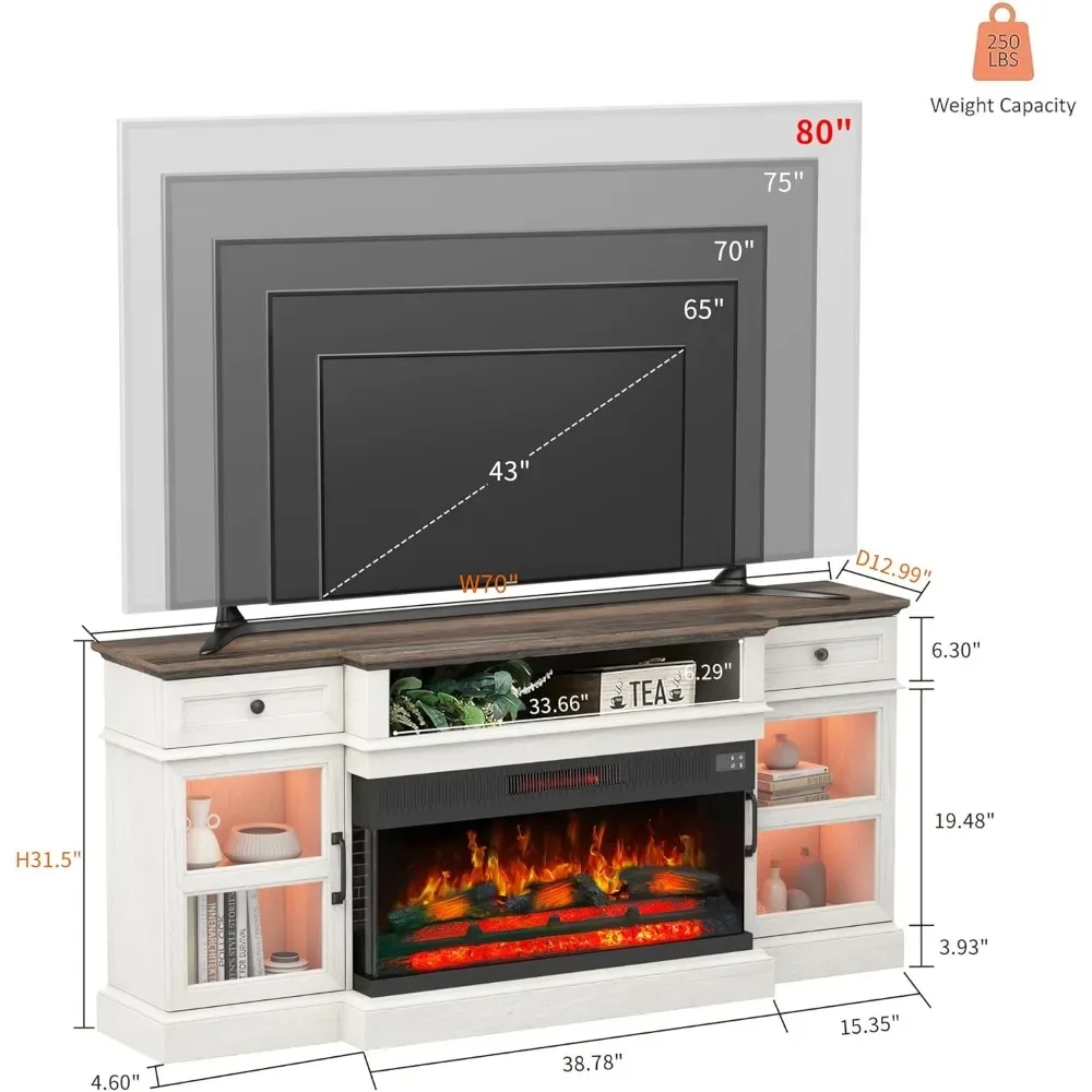 TV Stand for TVs Up To 80 Inch with 36 Inch 3-Sided Electric Fireplace, 2 Storage Drawers and 2 Cabinets, Fireplace TV Stand