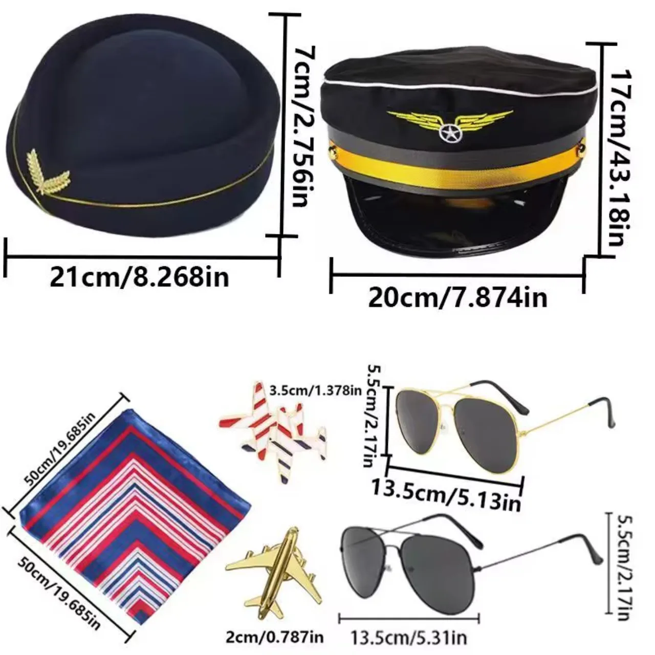 PESENAR Pilot Captain Hat Costume set Stewardess Accessories Flight Attendant Hat with Sunglasses and Scarf Cosplay Costumes