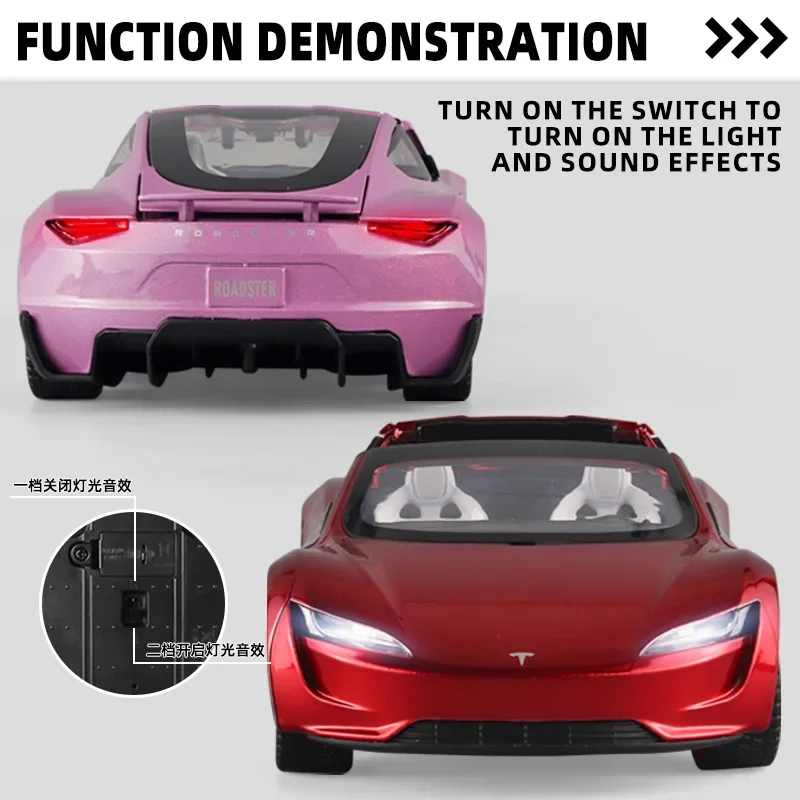 1:24 Tesla Roadster Convertible Supercar Alloy Model Car Diecast Metal Sound And Light Series Toy Car Children\'s Birthday Gift