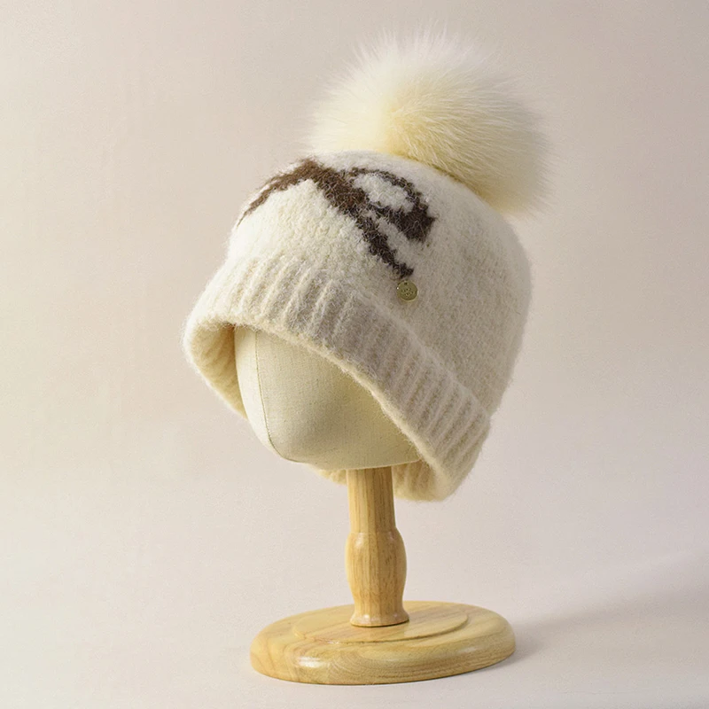 

Hat Winter Women Wool Knit Beanie Bow Pompom Of Real Fox Fur Autumn Warm Skiing Accessory For Girl Outdoors Luxury