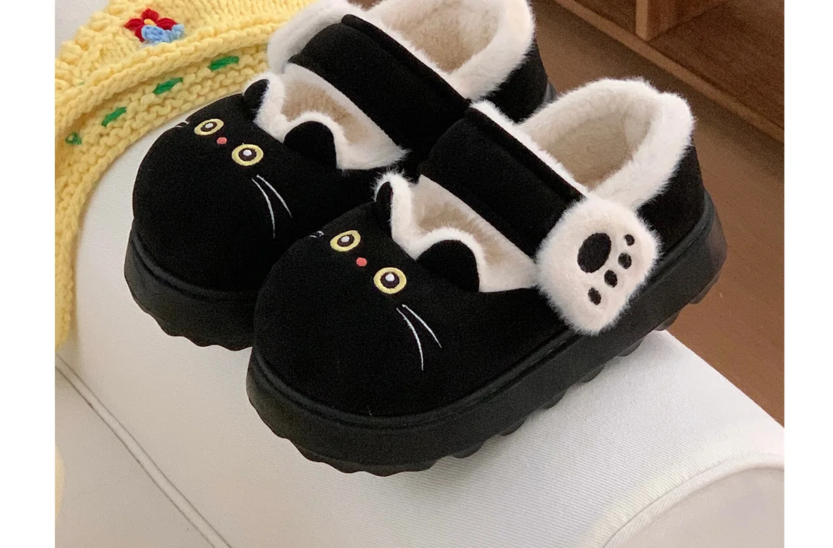 Neue schwarze flauschige Katzenpantoffeln für Damen, bezaubernde Tier-Schuhe, flauschige Hausschuhe, Damen-Winter-Plüsch-Mary-Jane-Slipper. – Detail 14