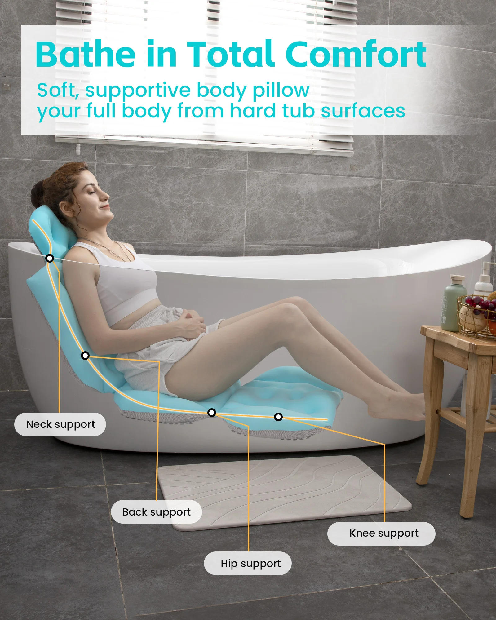 Luxury Full Body Bath Pillow for Bathtub, Shower Cushion for Tub with Mesh Laundry Bag Non-Slip Suction Cups Bathtub Mat Blue