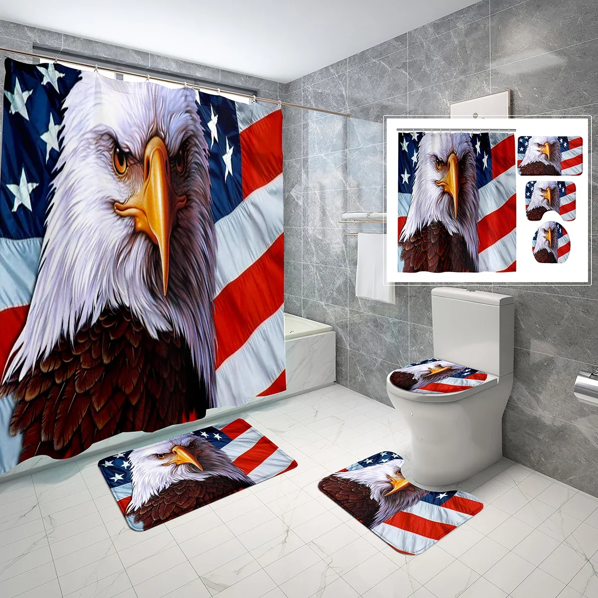 

American Flag Style Shower Curtain Sets 4 Pcs with Non-Slip Rugs Mat Toilet Lid USA Bald Eagle Waterproof Shower Curtain Set