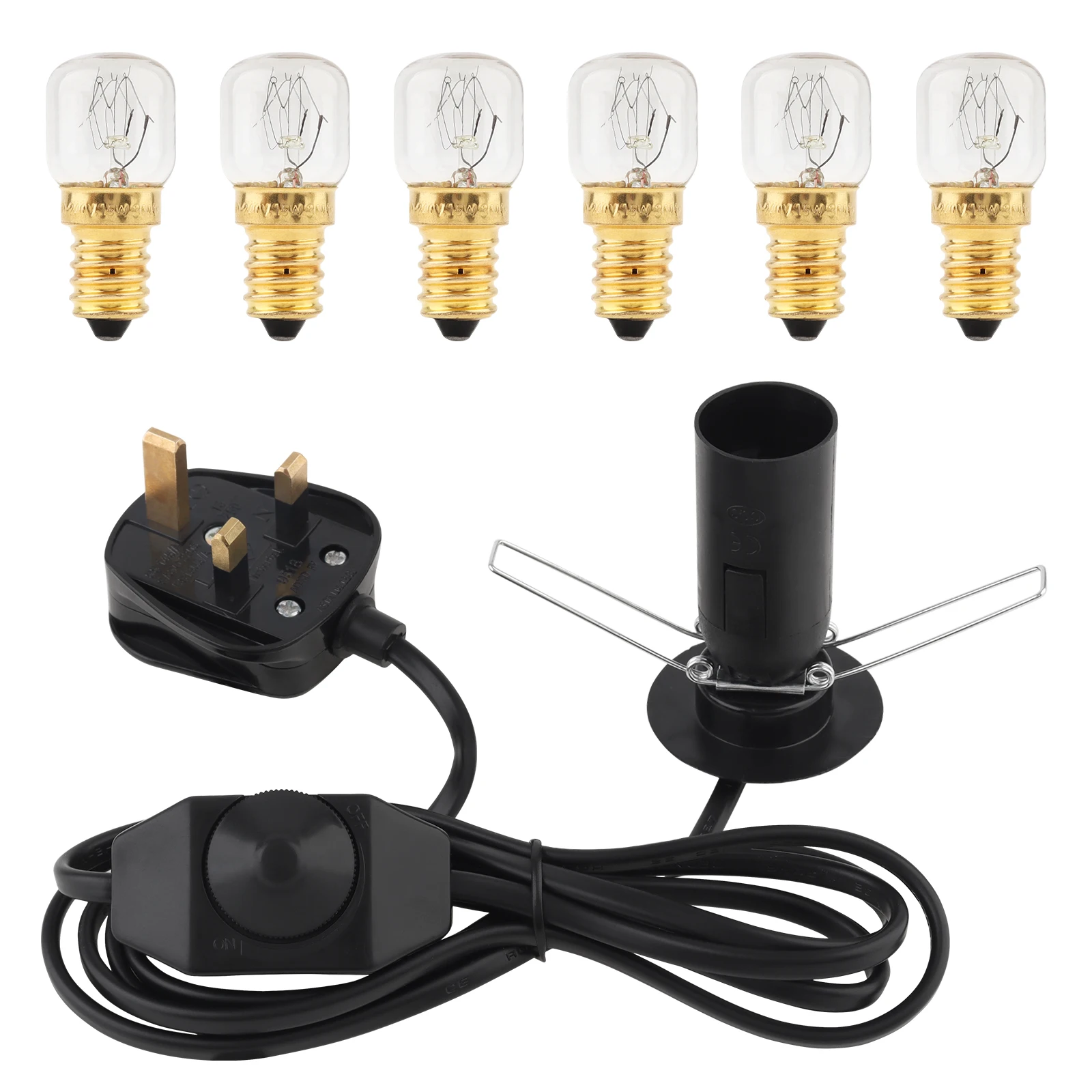 E14 Socket 6 ft Salt Lamp Cord with Dimmer Switch, Base Assembly, and 6 pcs 15W Bulbs