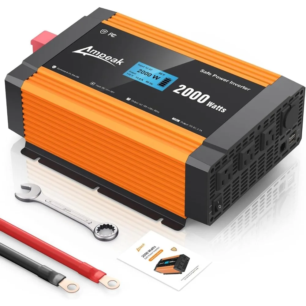 2000W Ampeak Power Inverter with 6.2A Dual USB Ports and 3 AC Outlets, Stable 120V AC Output from DC 12V, 17 Protection Features