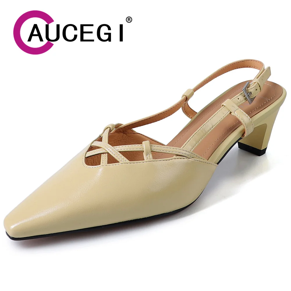 

Aucegi/женские летние роскошные сандалии на толстом каблуке с острым носком и босоножками на пятке, элегантные пикантные вечерние туфли из натуральной кожи с вырезами