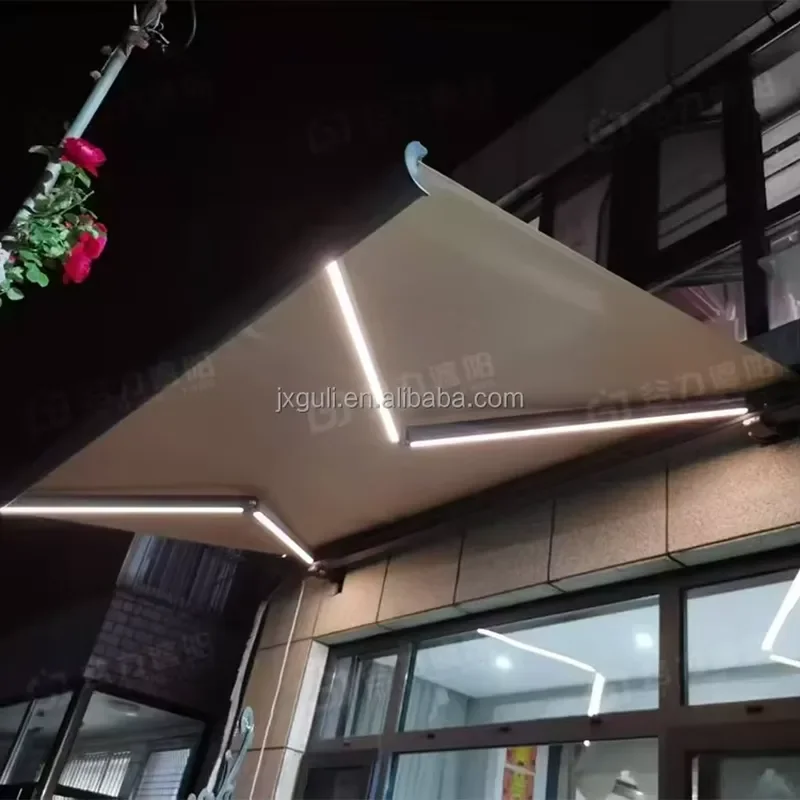LED Canopy Outdoor Heavy Duty Retractable Folding Arm Awning Waterproof Car Sunshade for Balcony with Remote Control