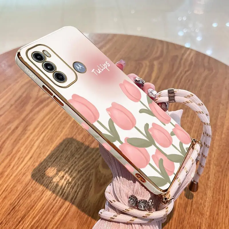 Charming Tulips Lanyard Plating Phone Case For Motorola Moto G60  G50 G42 G52 G53 G30 G20 G22 E20 Plus G9 Play G8 Power Cover