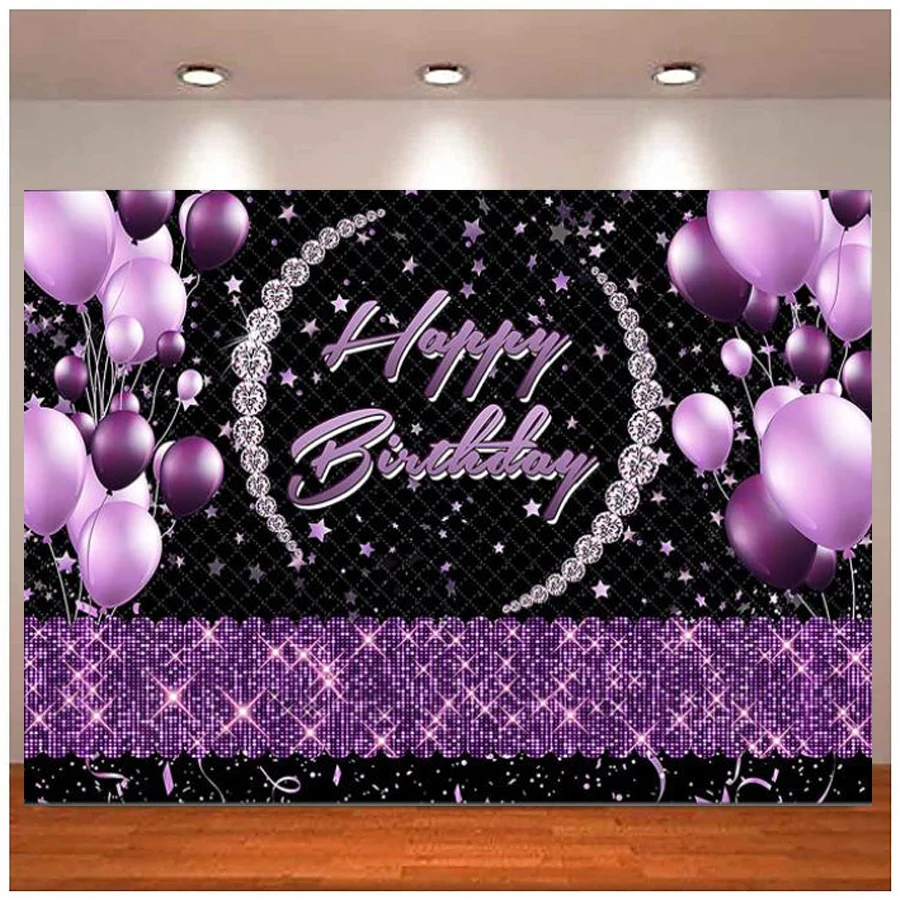 Glitter Purple Birthday Photography Backdrop Stars Balloons Diamonds Sprinkles Women Birthday Background Photo Booth Decoration