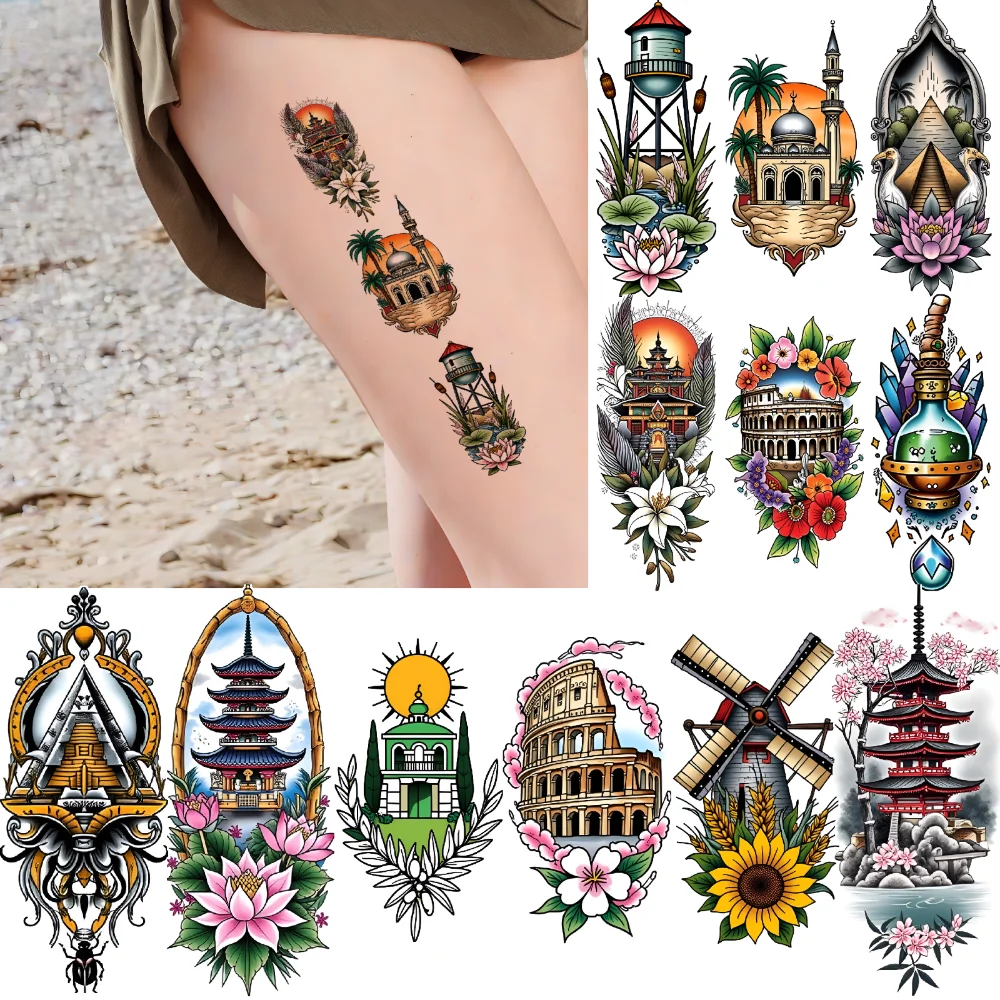 9pcs Temporary Tattoo Castle Tattoos Waterproof Long-lasting Body Stickers Colosseum Tattoos Temple Tattoos For Chest Adults