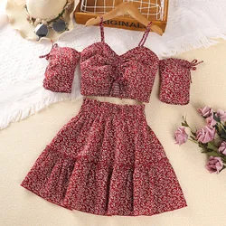 Kids Casual Clothing Sets Outfits for Girls Summer 2024 New Children Floral Print Front Twist Strap Tops Skirts Fashion 7-14Y