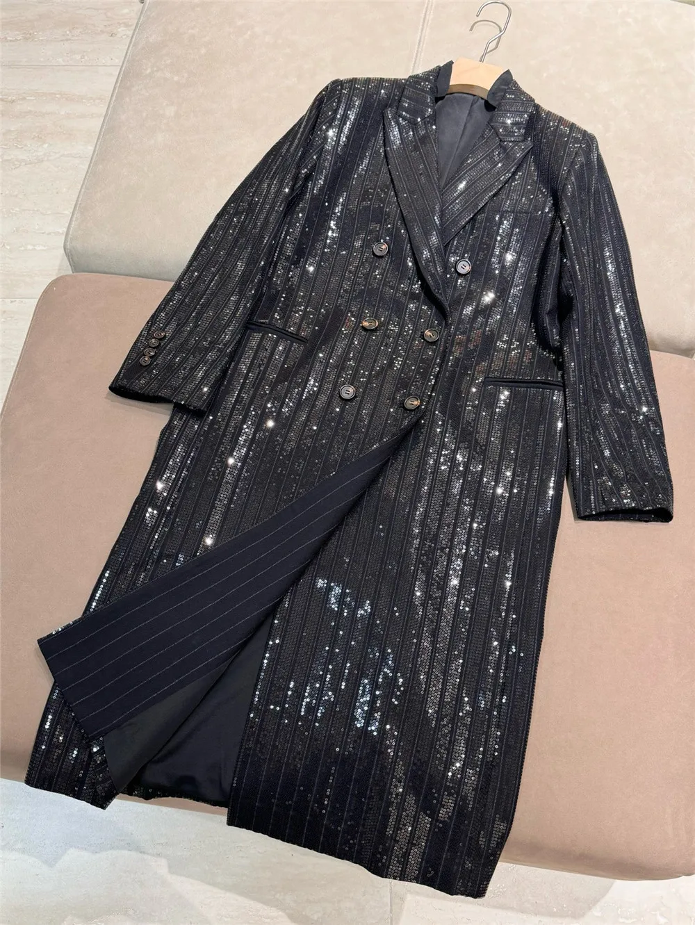 Imported Worsted Wool Heavy Sequined Mid-Length Coat Double-Breasted Trench Jacket Coat