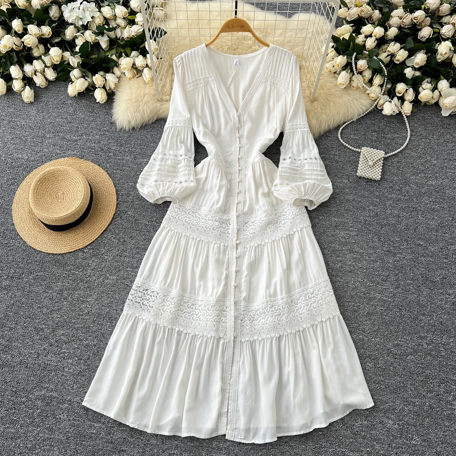 Chic Korean V-neck Lantern Sleeve Single Breasted Lace Spliced Dress High Street Evening Vintage Women Autumn Winter Clothing