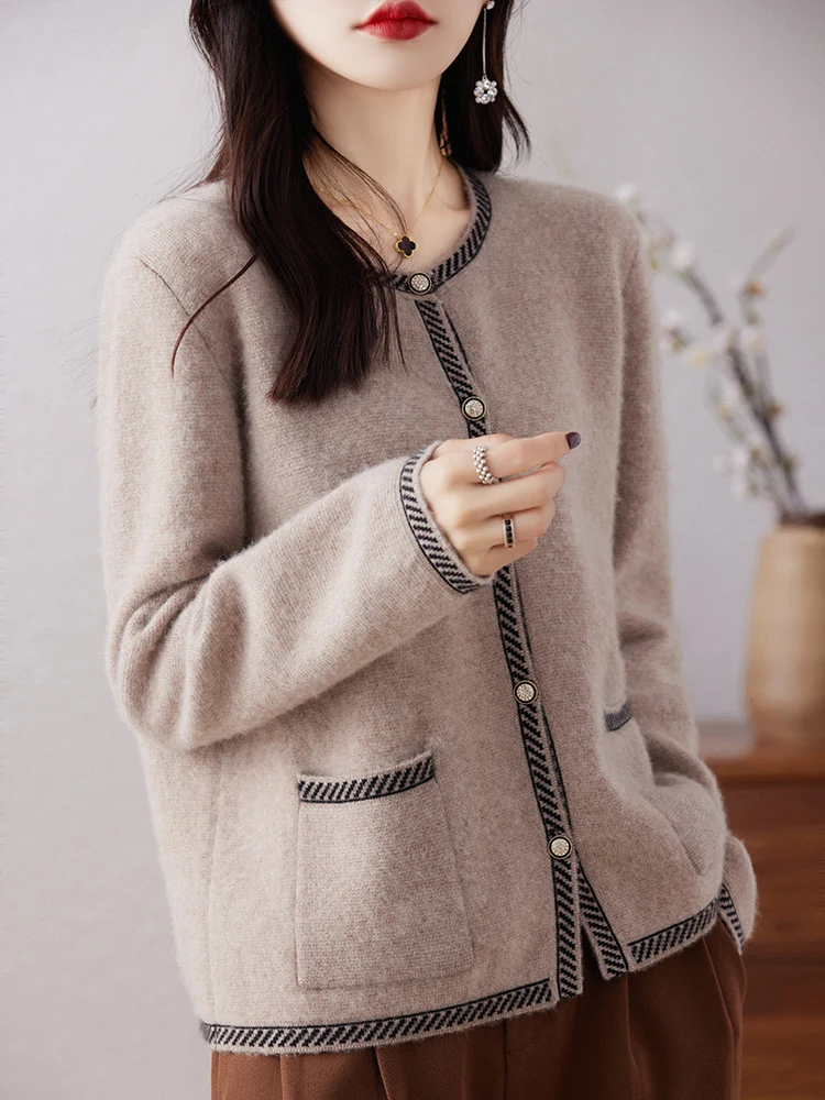 100% Merino Wool Cardigan Women\'s 2023 Autumn/Winter New Round Neck Korean Knitted Coat Sweater Loose Large Size Cashmere Jacket