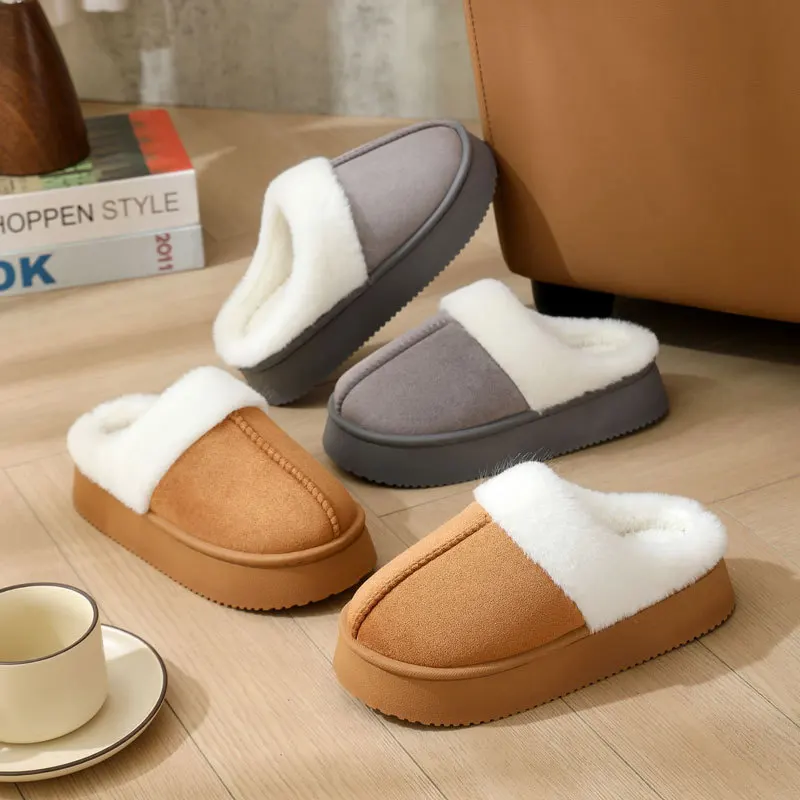 Unisex Home Mules Thick-soled Non-slip Cotton Slippers Men Women Winter Soft-soled Closed-toe Indoor Slippers Warmth Lady Gent