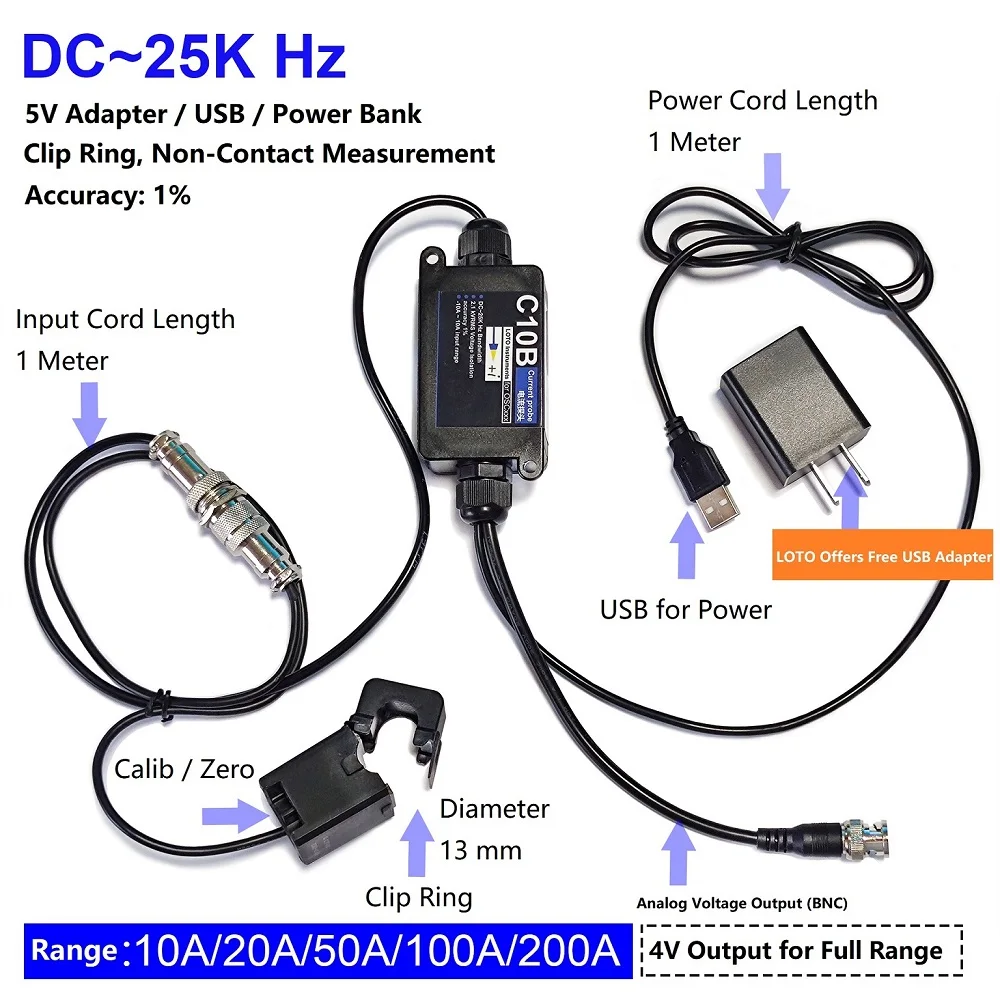 LOTO Oscilloscope Current Probe C10B C20B C50B C100B C200B Module AC/DC 25KHz   Universally Compatible Clip Ring Dia 13mm