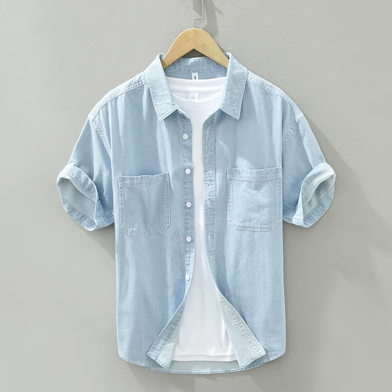 

Simple Short Sleeve Denim Shirt Men Summer Causal Jean Shirts Square Collar Cotton Double Pockets Shirt Youth Daily Top Fashion