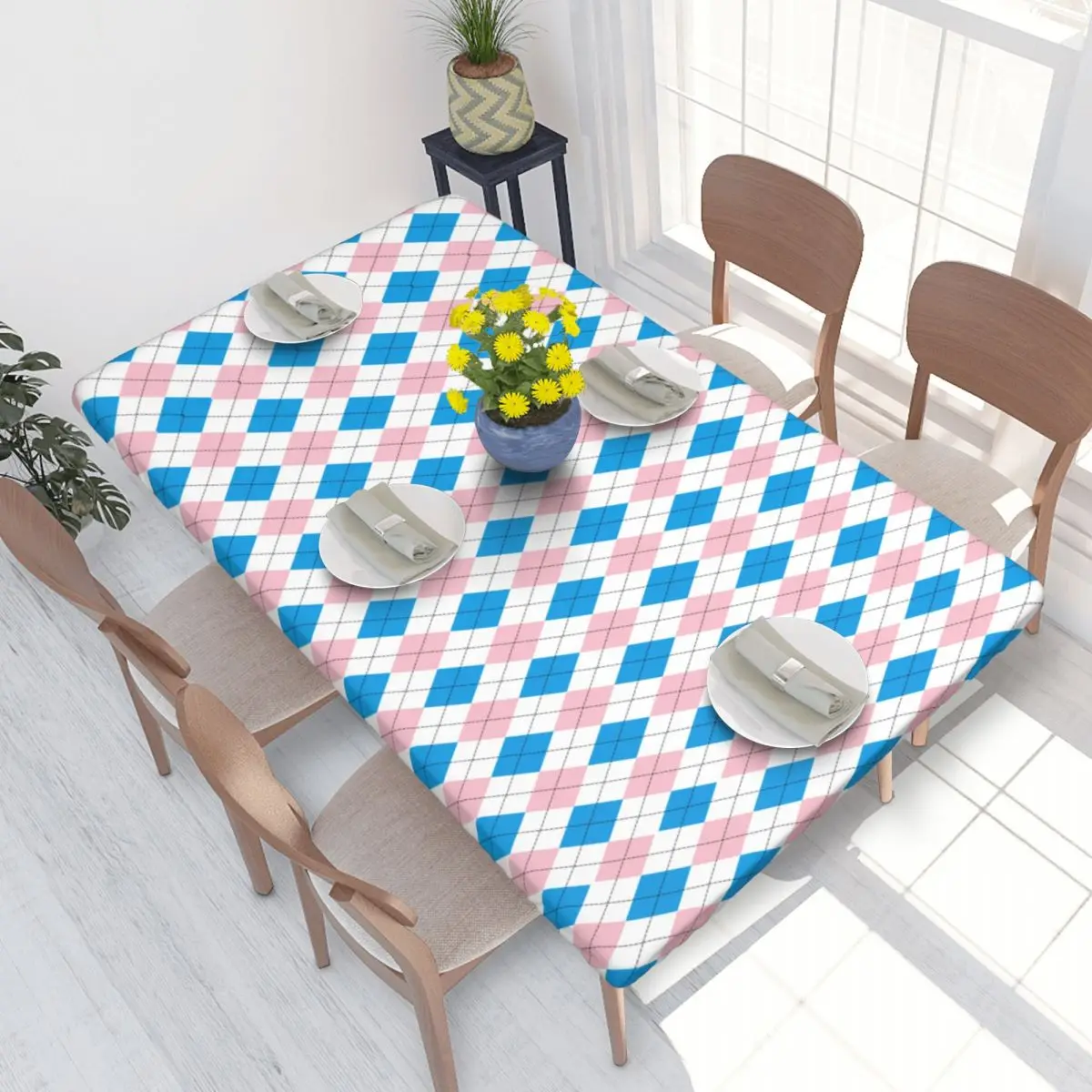 Custom Rectangular Waterproof Oil-Proof Colorful Argyle Pattern Tablecloth Table Covers 4FT Fit Table Cloth