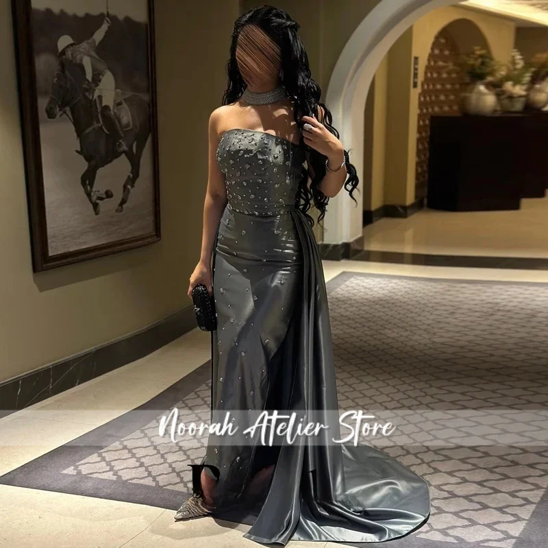 

Exquisite Rhinestones Prom Dresses for Women Strapless Satin Sweep Train Dubai Birthday Gown Vestidos De Gala Customized