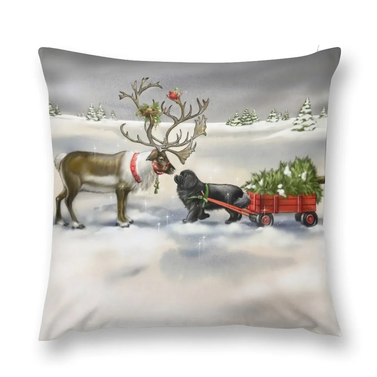 Newfie pulling wagon with Christmas tree Throw Pillow pillow cover luxury Cushions pillow