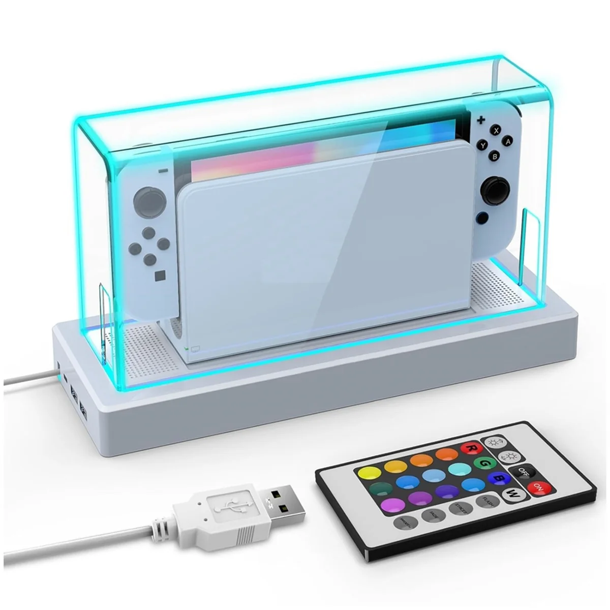 Acrylic Clear Dust Cover and 16 Led Color Light Base Compatible with for Nintendo Switch/OLED Display Case Dock Cover