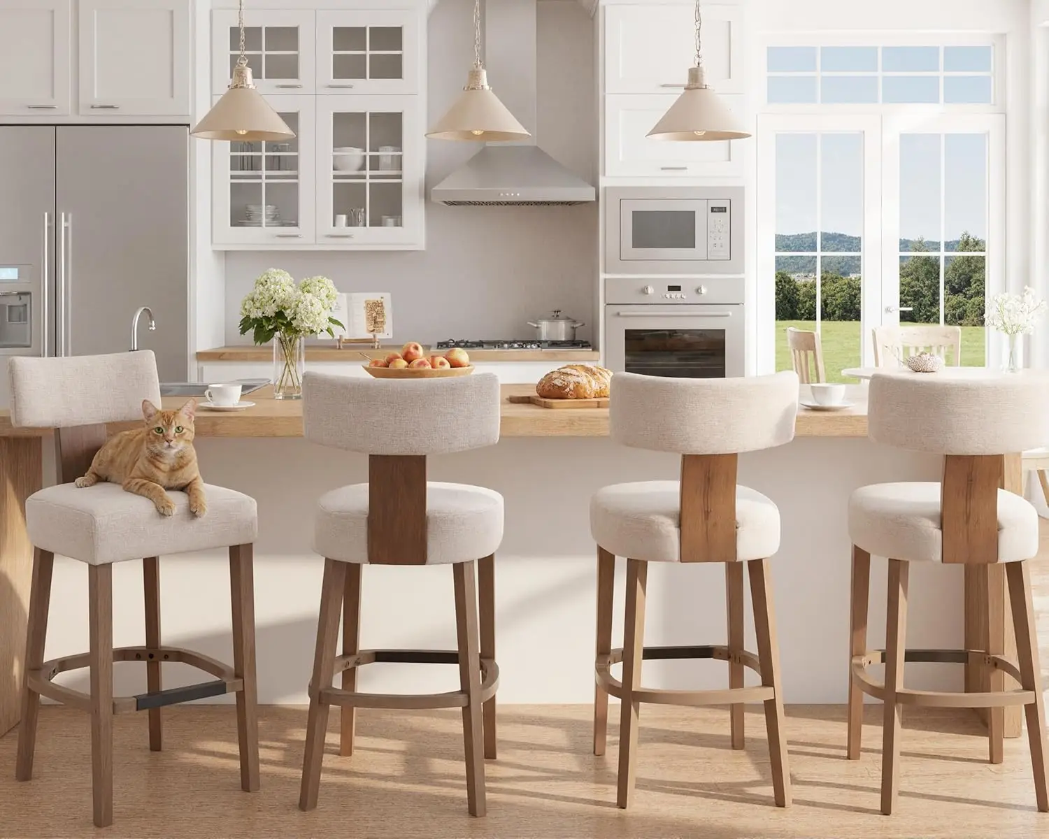 مجموعة مقاعد بار طويلة جدًا مقاس 30 بوصة مكونة من قطعتين، ومقاعد مضادة بدون ظهر من الخشب الريفي الحديث، ومنجدة من الكتان البيج، وكراسي جزيرة المطبخ