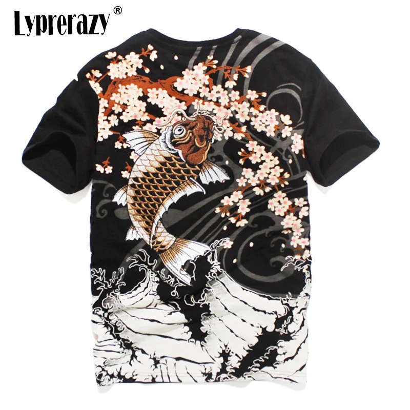 Lyprerazy Japanese Harajuku Ukiyoe Carp Fish Embroidered T-shirt Men\'s Embroidery Short-sleeve Vintage T Shirt