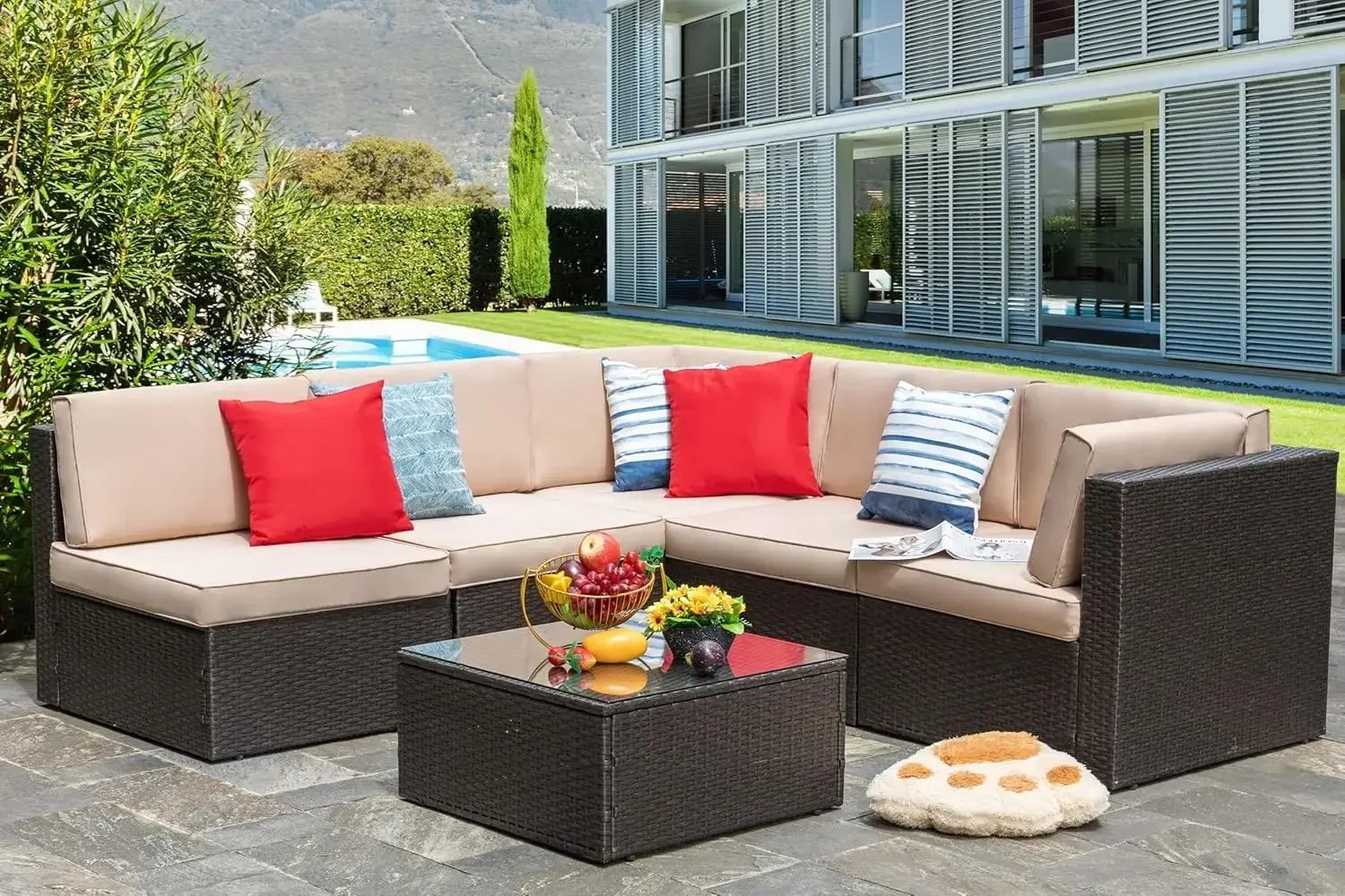Juego de muebles de patio de 6 piezas, sofá seccional pequeño para exteriores, jardín esquinero en forma de L de mimbre PE para todo tipo de clima, color beige