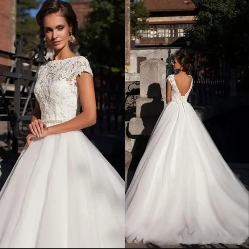 

Simple Elegant Capped Sleeves Lace Wedding Dresses 2019 Summer Beach A Line Tulle Cheap Wedding Bridal Gowns Sexy Low Back