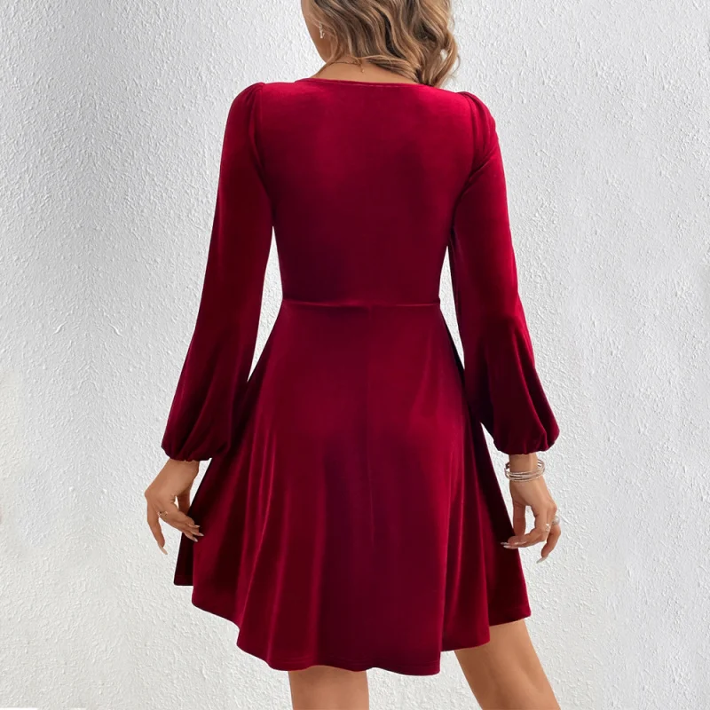 -Border European and American Women's Clothing 2024 Autumn and Winter NewTight Waist A- line Skirt Long Sleeve