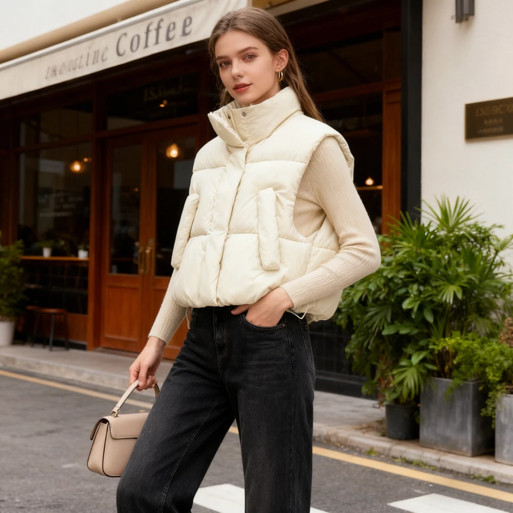 Vests Parkas Women Sleeveless Thick Coats Zipper Slim Fit Jackets Stand Collar Warm Vest Solid Pockets Regular Streetwear Winter