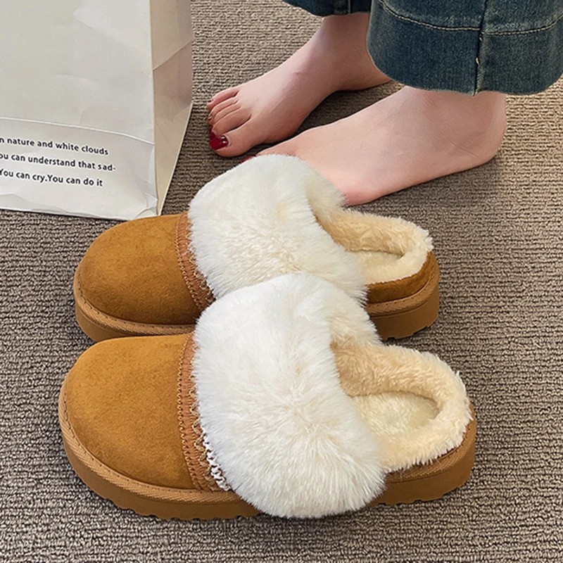 

2025 Winter Warm Fluffy Platform Slippers for Women Fashion Striped Faux Fur Home Shoes Woman Thick Sole Non Slip Plush Slippers