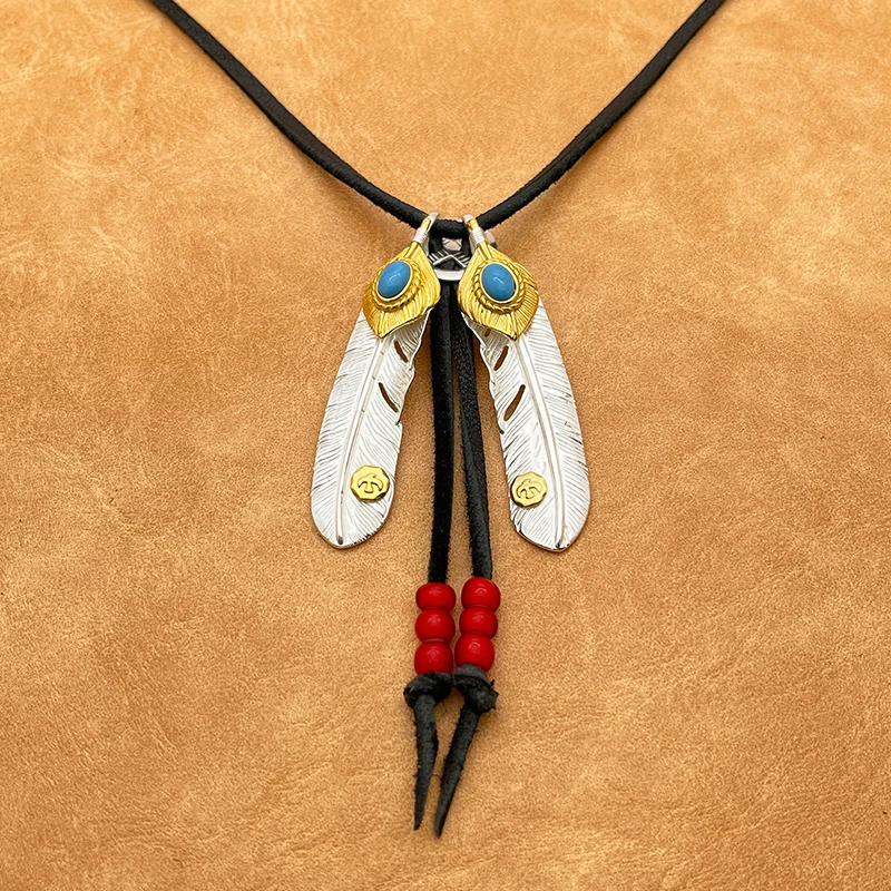 Double Turquoise Feather Deerskin Necklace Handmade Lampwork Beads Silver Plated Adjustable Goros Tribal Boho Vintage Biker Jewe