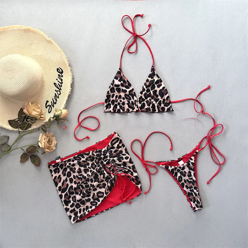

Halter Bandage Leopard Bikini 3 Piece Set Woman Sexy Printed Backless Swimsuit Women Swimwear Girls BathingSuit Swimming Suit