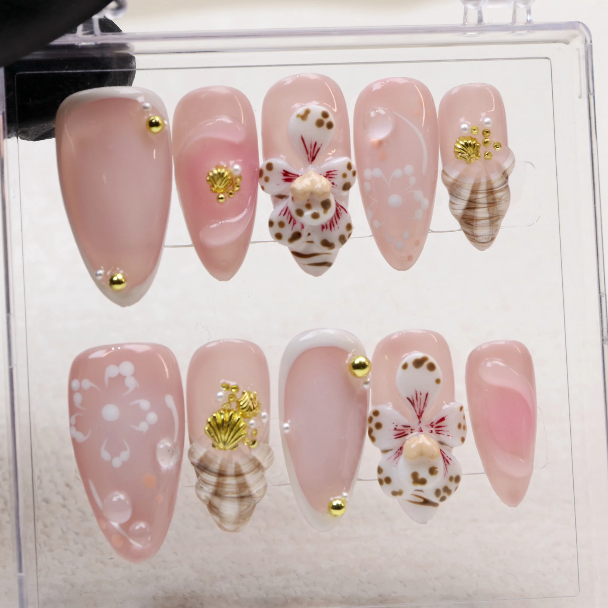 10Pcs Custom 3D pink Flower press on nails Wedding Party gift Japanese Fake Nail for Holiday Design with Adhesive Nail File Set