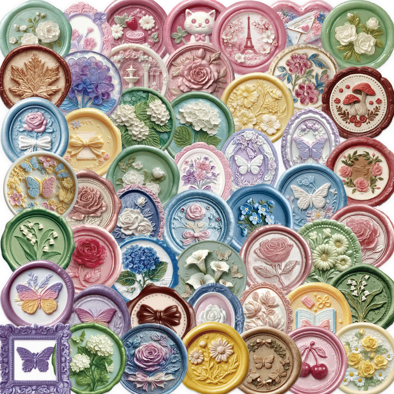 50pcs Retro Classical Wax Seal Art PET Stickers Waterproof PVC Snowflake Butterfly Love Moon DIY Phone Case Scrapbook Envelope