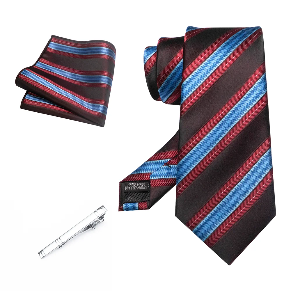 Herren Marineblau Krawatte Rot-Grün Gestreiftes Krawattenset Glänzender Clip Hochwertiges Einstecktuch für Business-Anzüge Anlässe Hochzeit Party – Detail 10