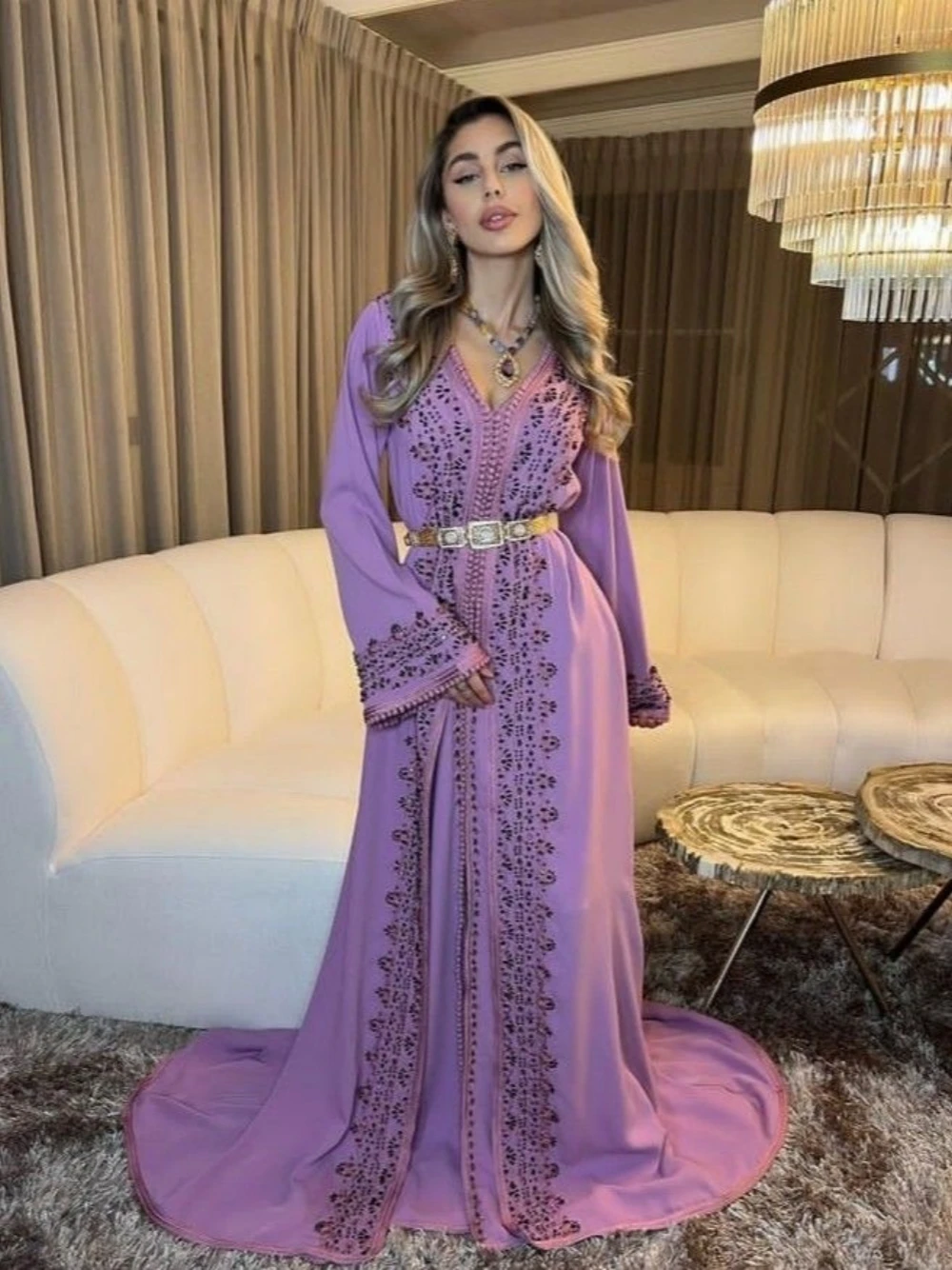 Fashion V-neck Evening Dresses Elegant Moroccan A-line Customized Prom Dress Caftan Long Sleeve Plus Size Gown Robe De Mariée