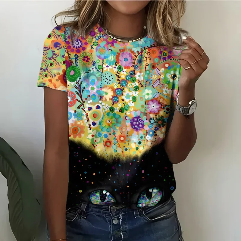 

Mysterious Smoke and Starlight Effect Dreamy Cat Art Women's T-shirt Casual Loose Black Short Sleeve